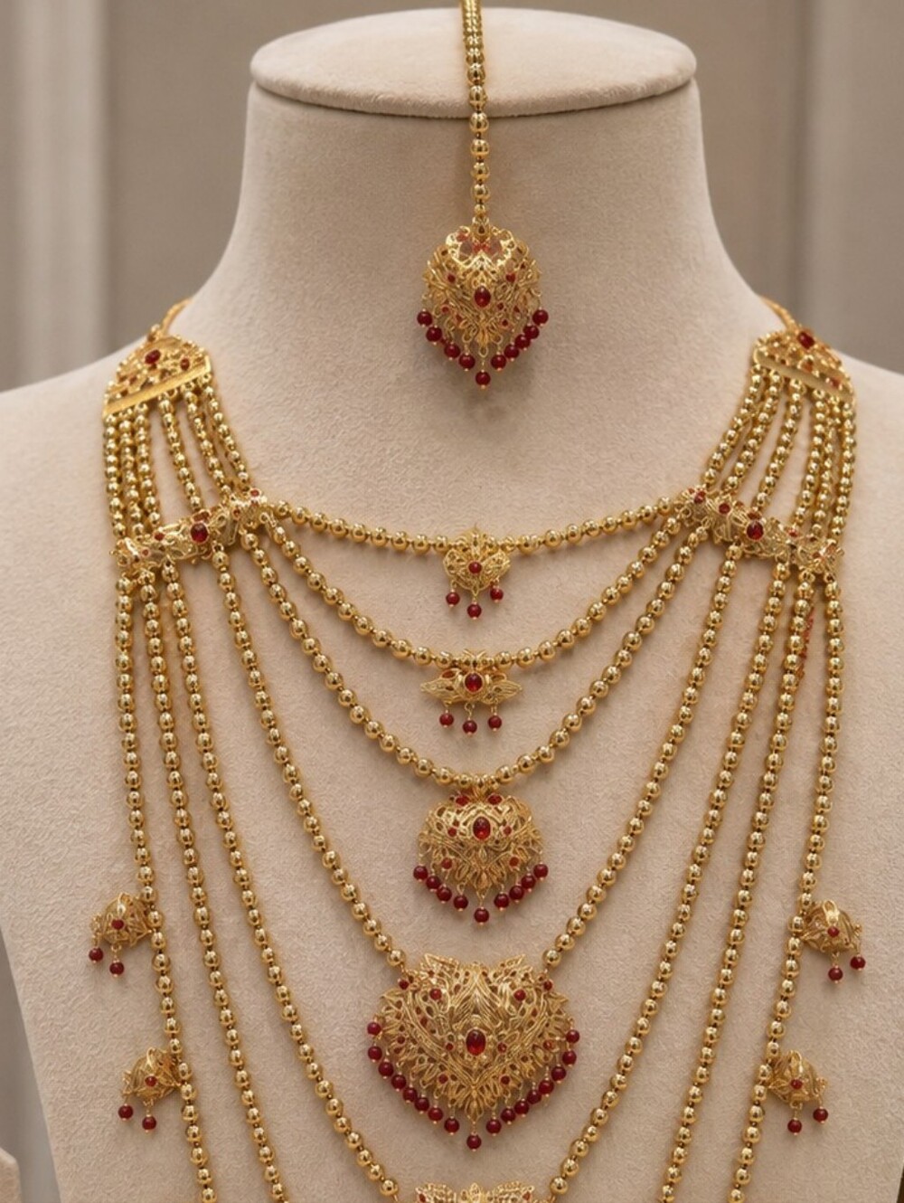 Traditional Gold-Tone Multi-Layer Necklace Set with Red Accents - Picture 3 of 16